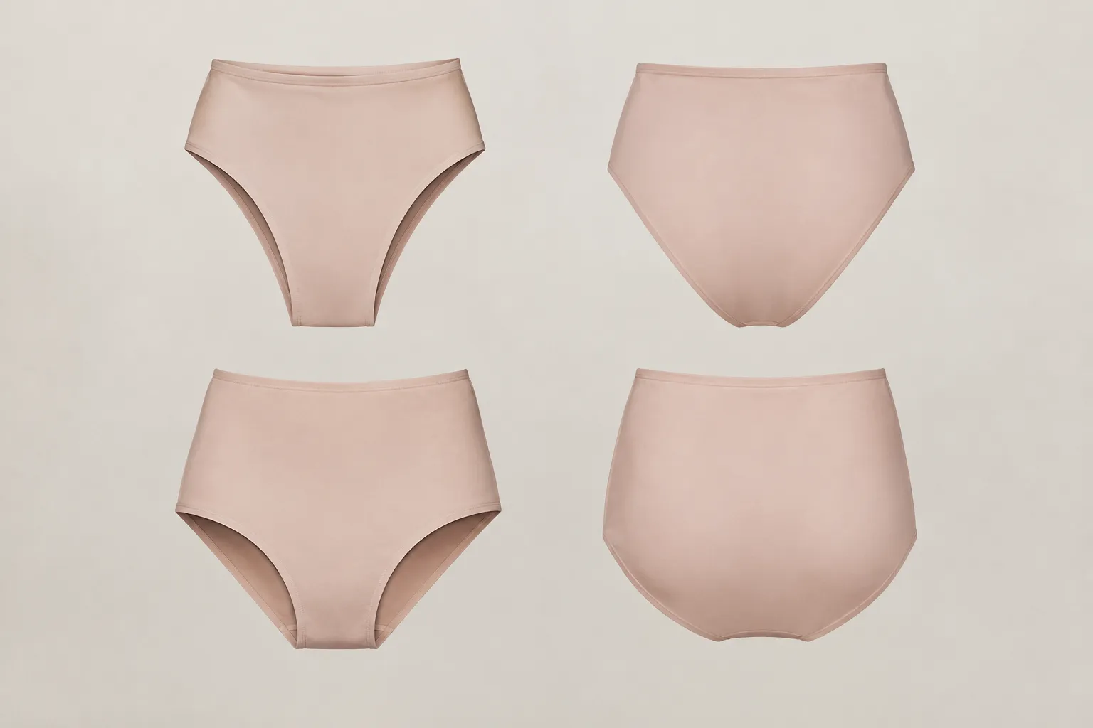 Voor- en achteraanzichten van een hoge Brazilian-slip en een hoge, volledig bedekkende slip in lichtroze