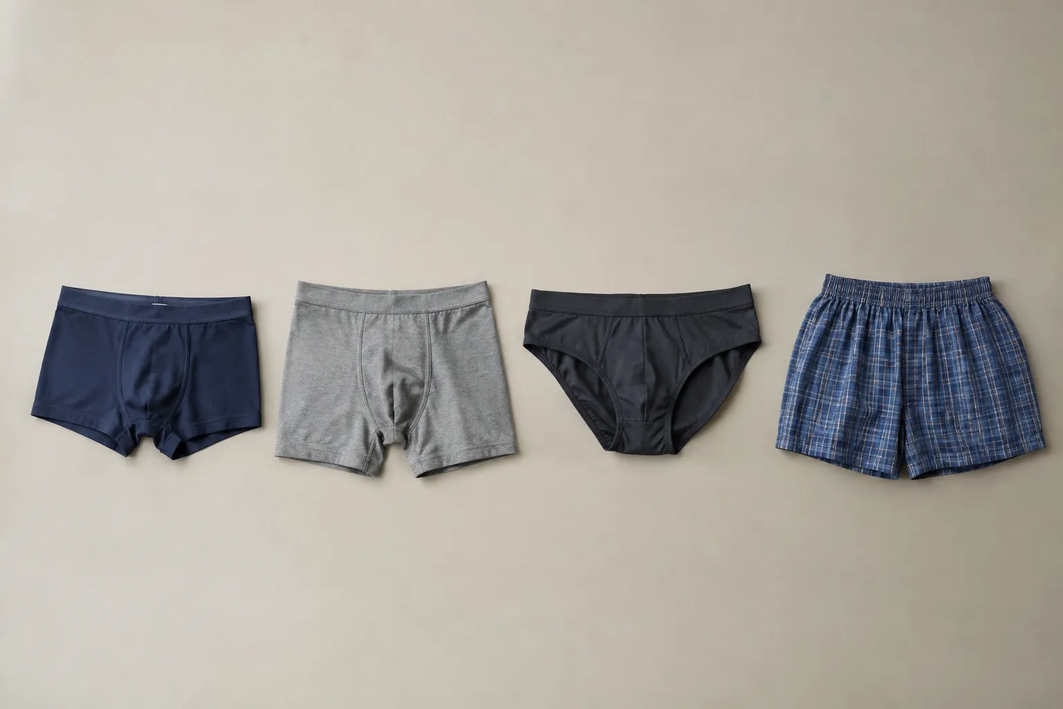 Een blauwe trunk, grijze boxer brief, donkere slip en blauwe wijde ruitjesboxer naast elkaar op een beige achtergrond