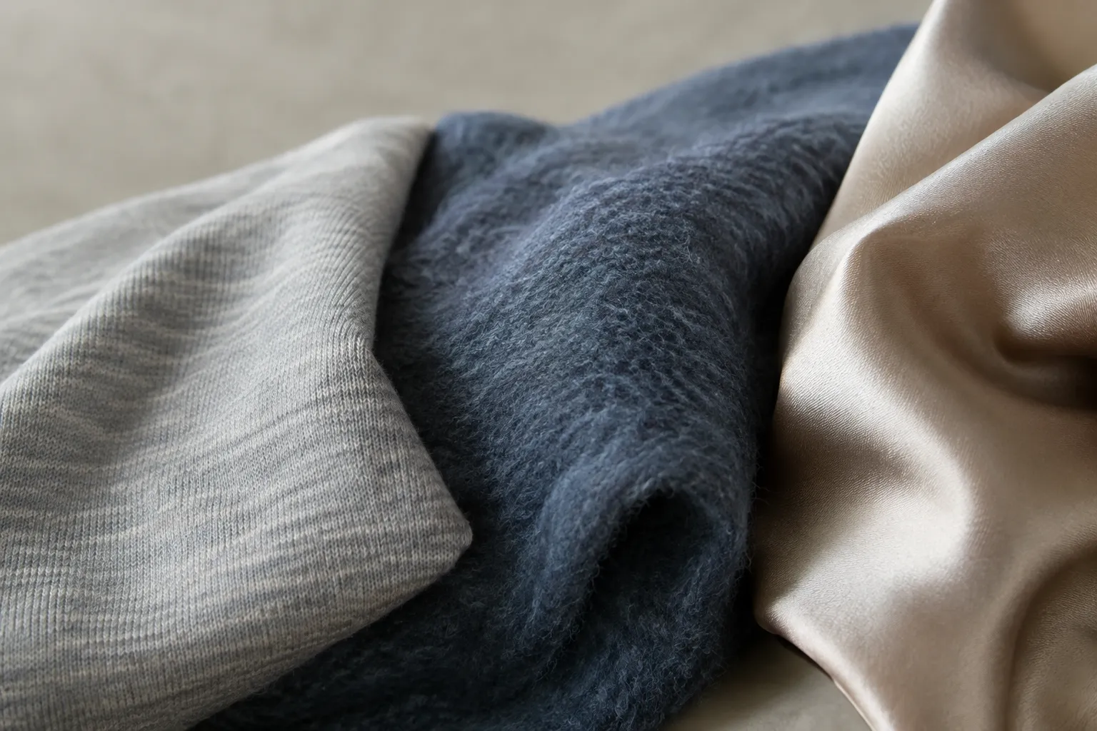 Grijze jersey, blauw geruwd textiel en champagnekleurig satijn liggen naast elkaar in zacht zijlicht