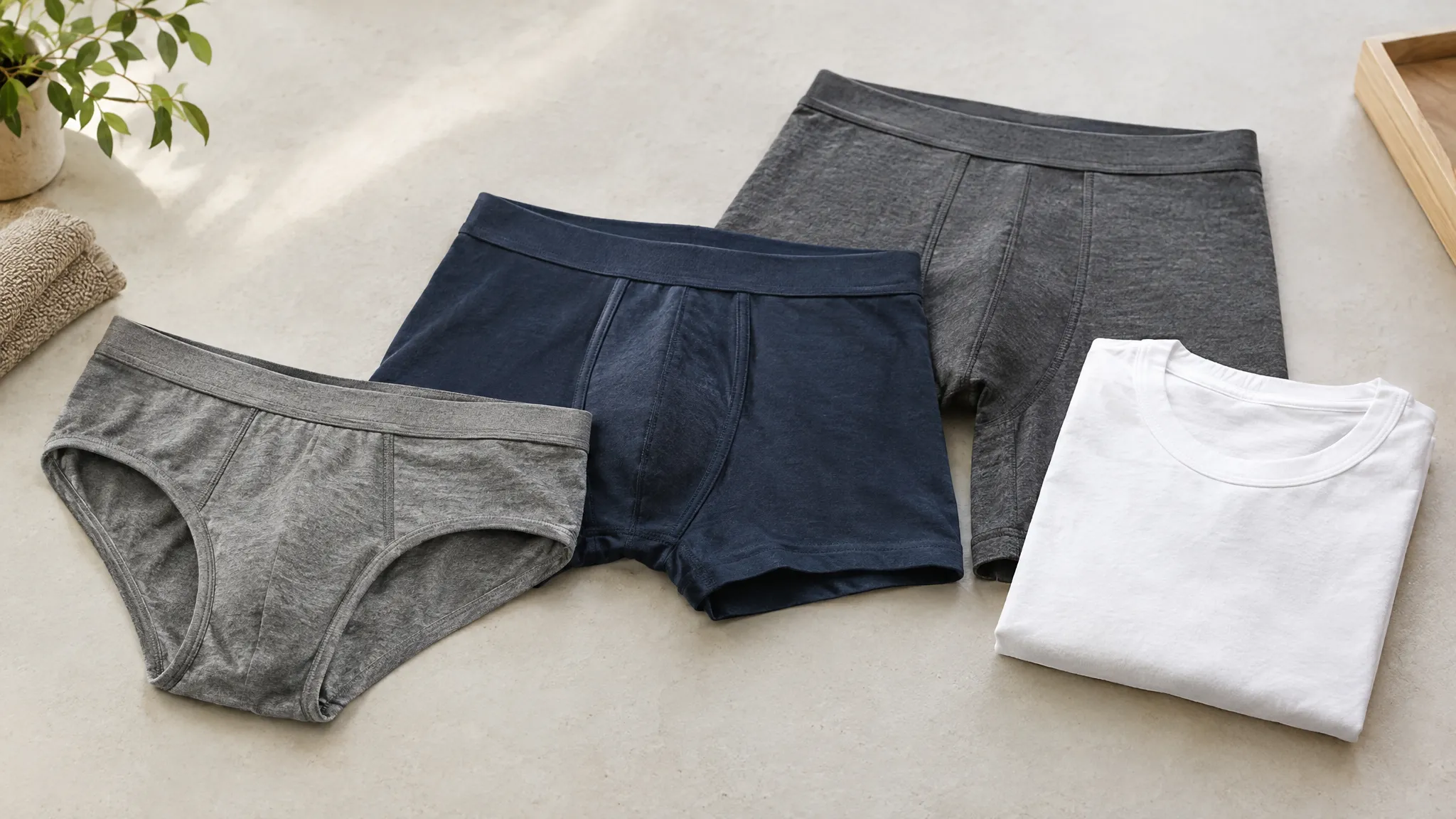 Een grijze herenslip, blauwe trunk, langere grijze boxer en opgevouwen wit onderhemd op een lichte ondergrond