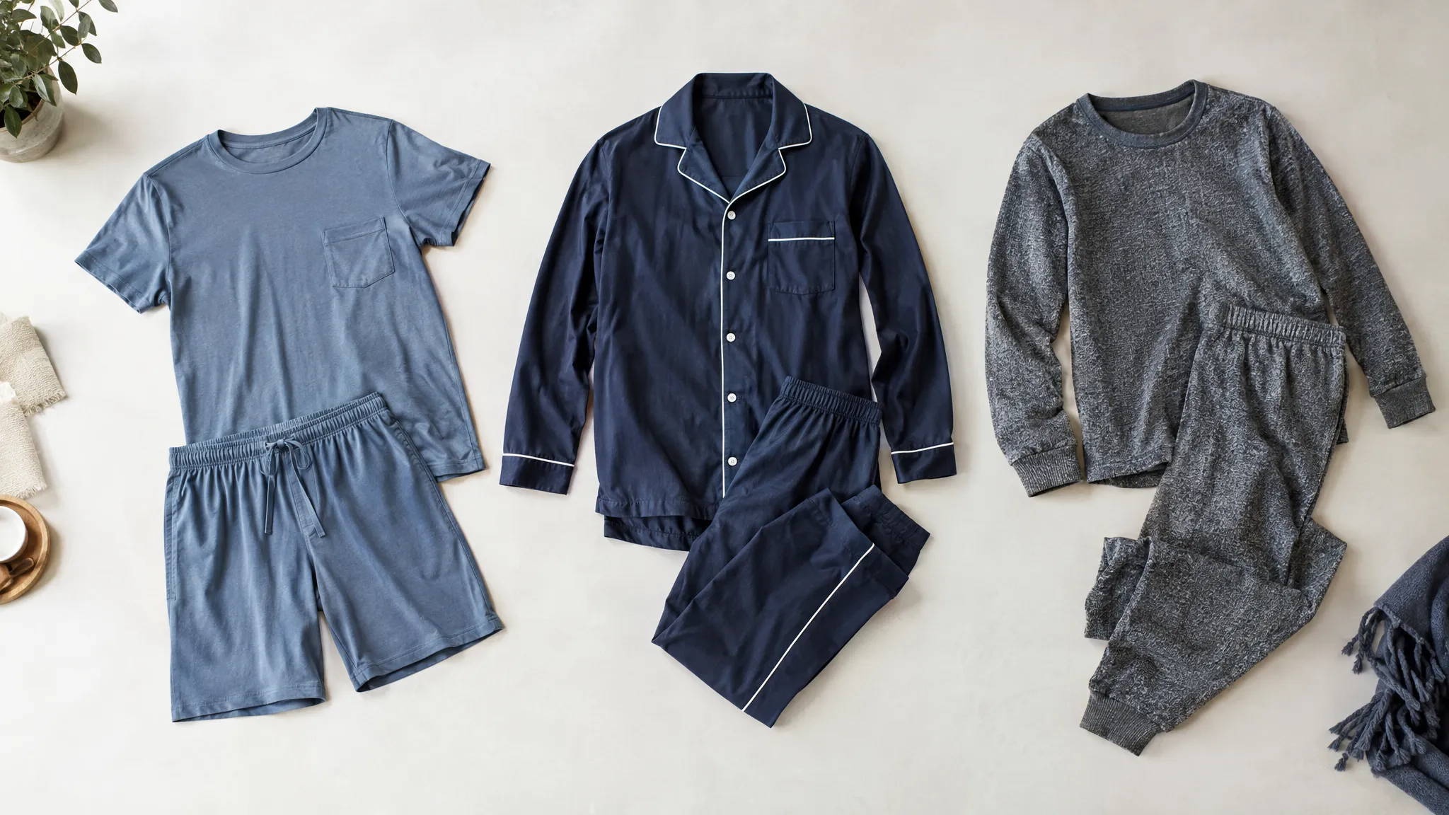 Drie herenpyjama’s op een lichte ondergrond: een blauwe shortama, een donkerblauwe knopenset en een warme grijze set
