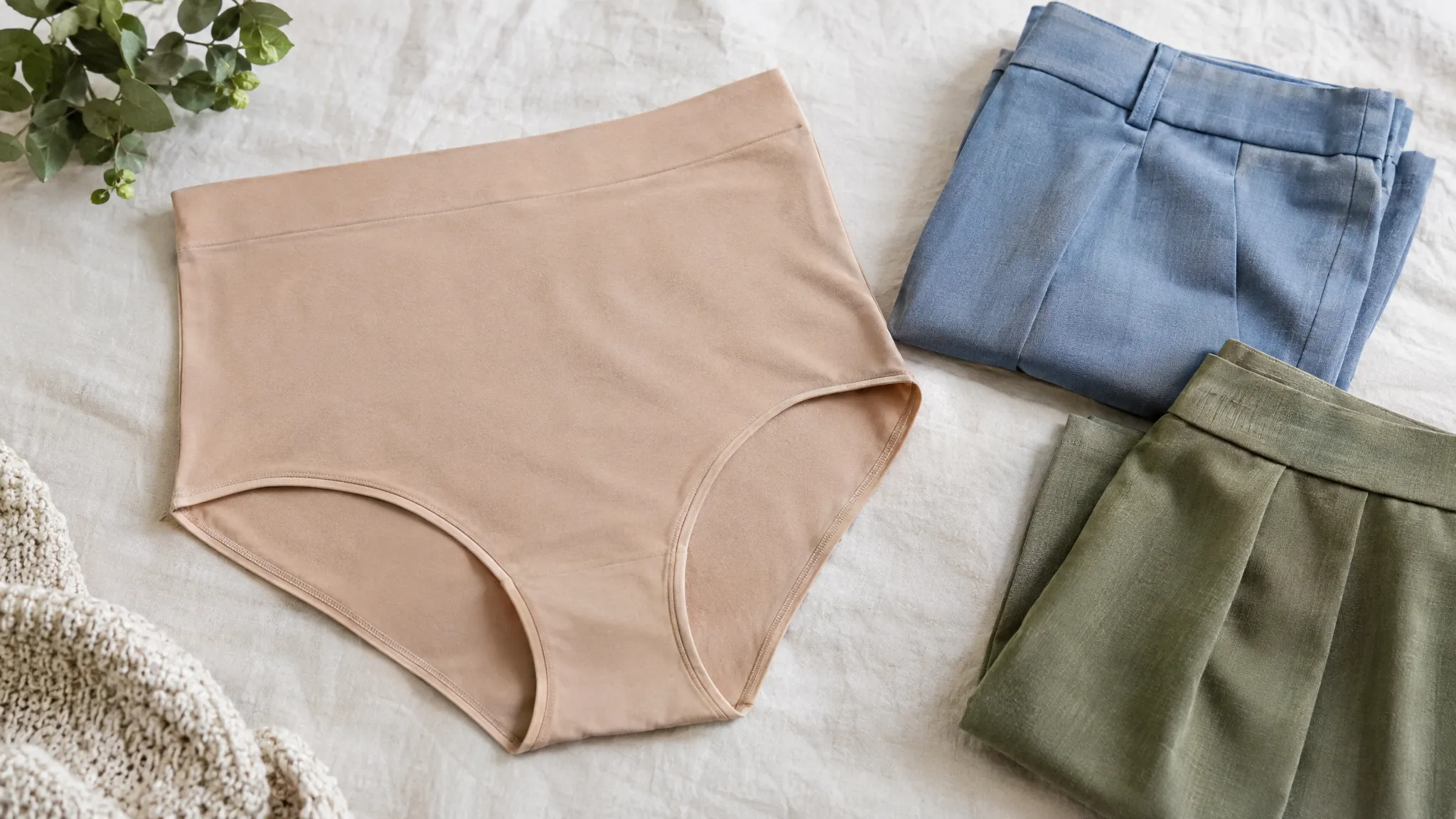 Beige hoge tailleslip met brede tailleband naast een opgevouwen blauwe broek en groene rok op een lichte ondergrond