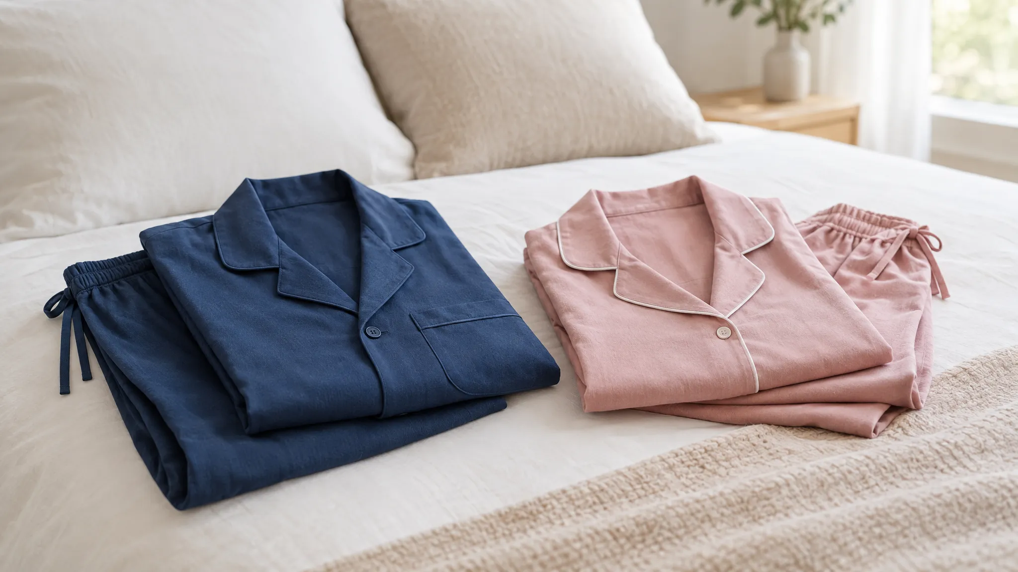Een donkerblauwe en een roze pyjamaset liggen netjes opgevouwen op een licht opgemaakt bed in natuurlijk daglicht