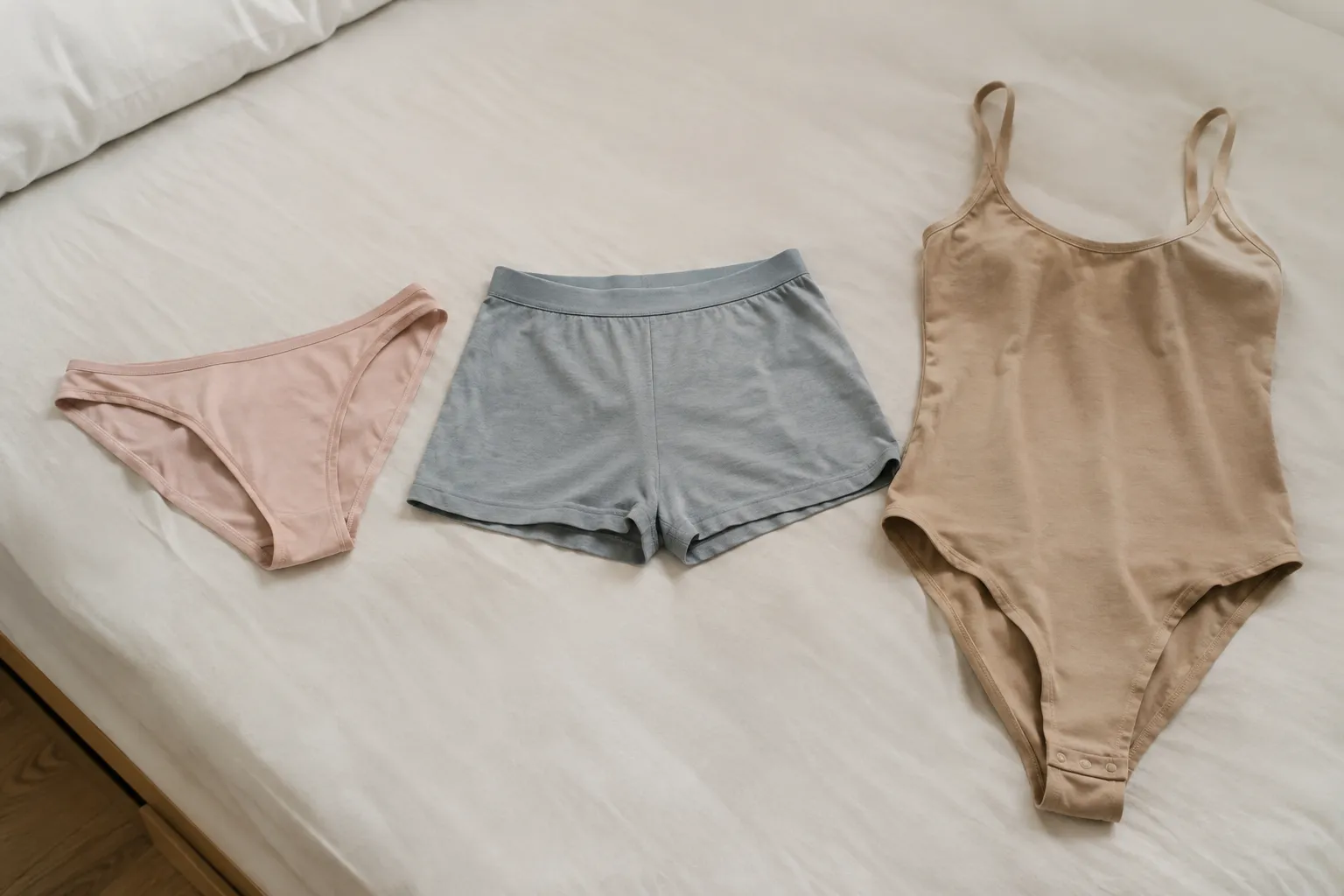 Een roze slip, een grijze short en een beige body liggen naast elkaar op een wit bed
