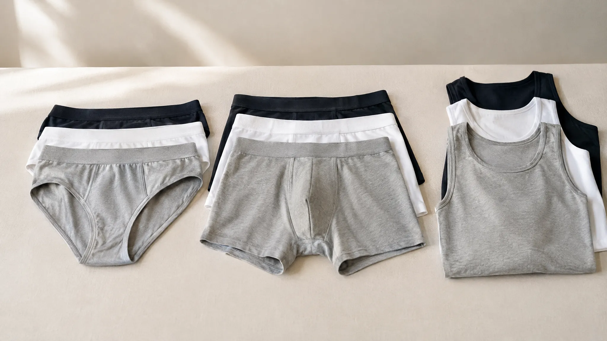 Slips, boxershorts en hemden in grijs, wit en zwart liggen geordend op een lichte ondergrond