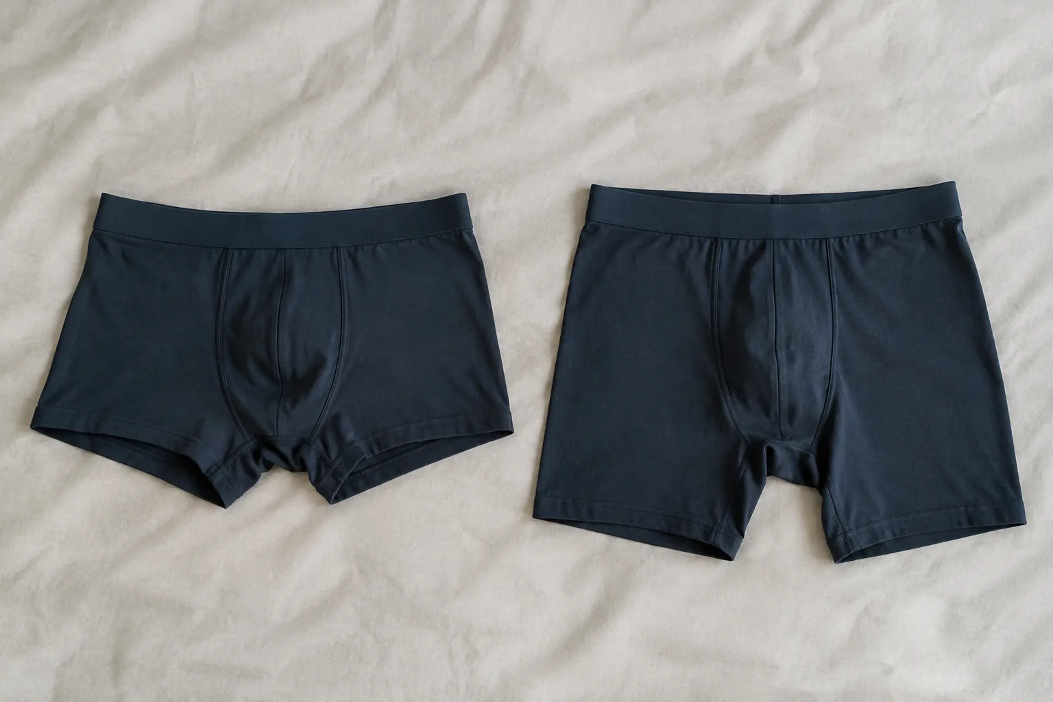 Twee donkerblauwe herenboxers liggen naast elkaar op lichte stof, links met korte en rechts met langere pijpen