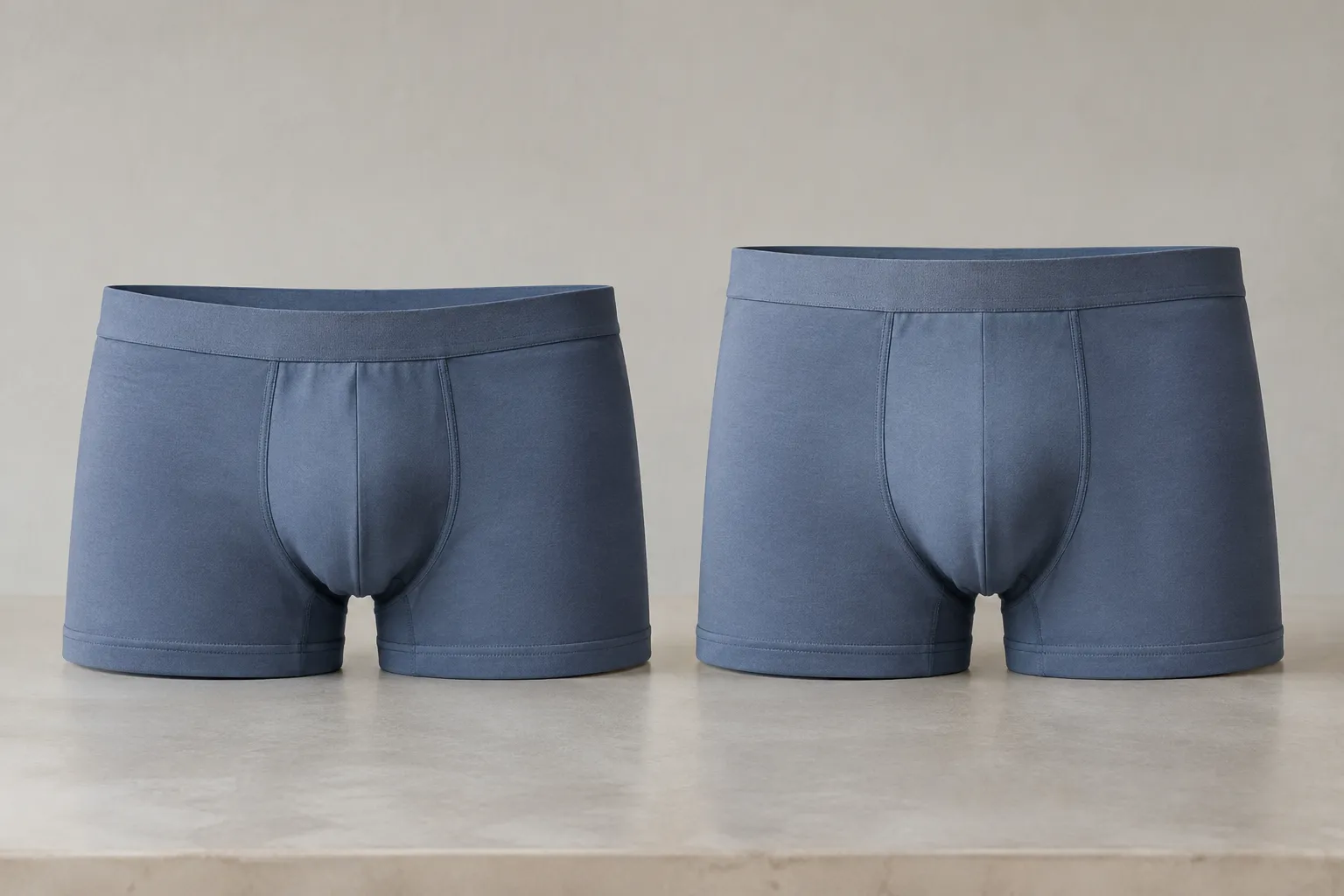 Twee merkloze blauwe trunks met even lange pijpjes naast elkaar, links met een lager en rechts met een hoger voorpand