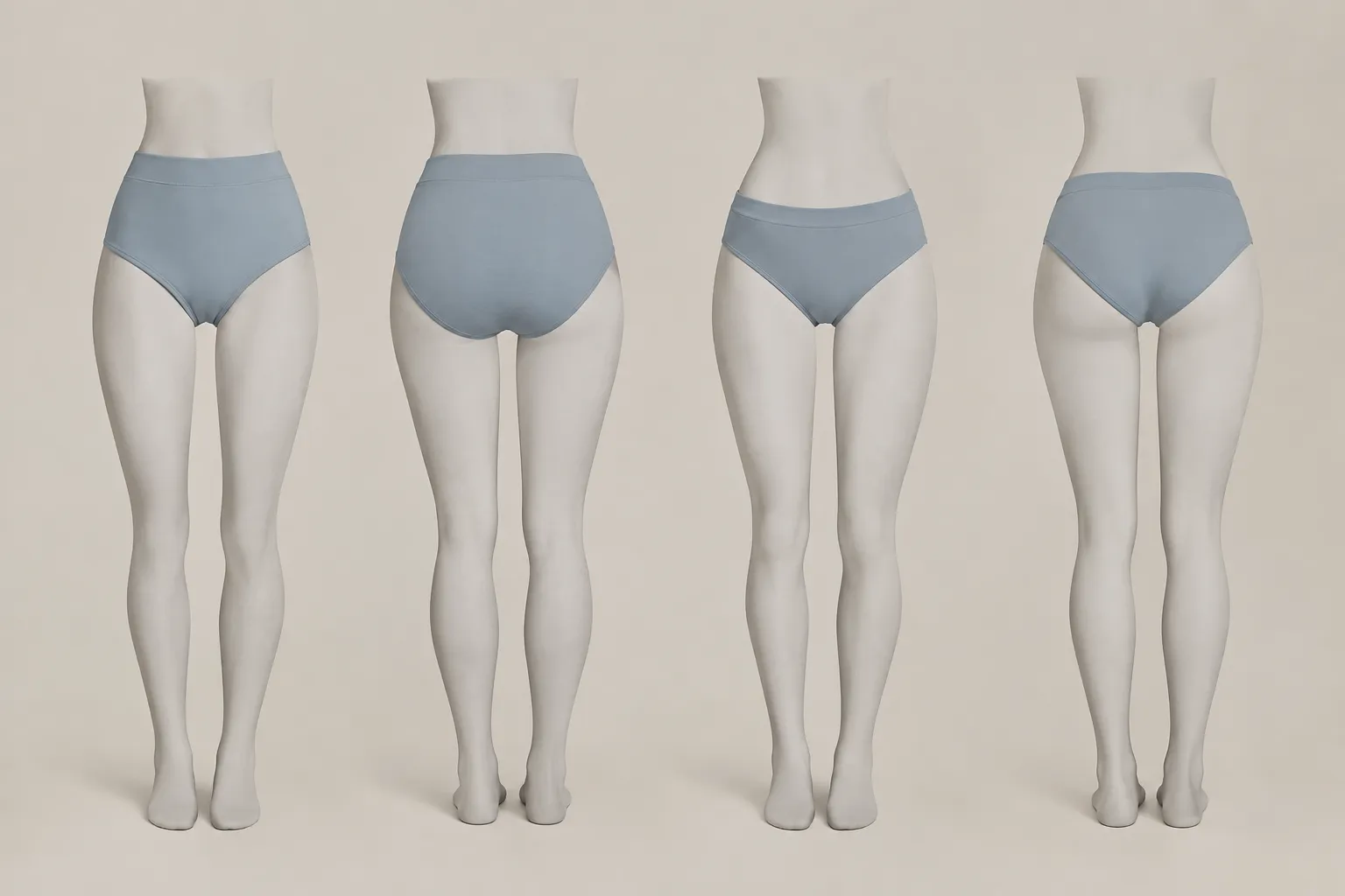 Vier abstracte paspoppen tonen blauwgrijze slips met verschillende taillehoogtes en bilbedekking, voor en achter